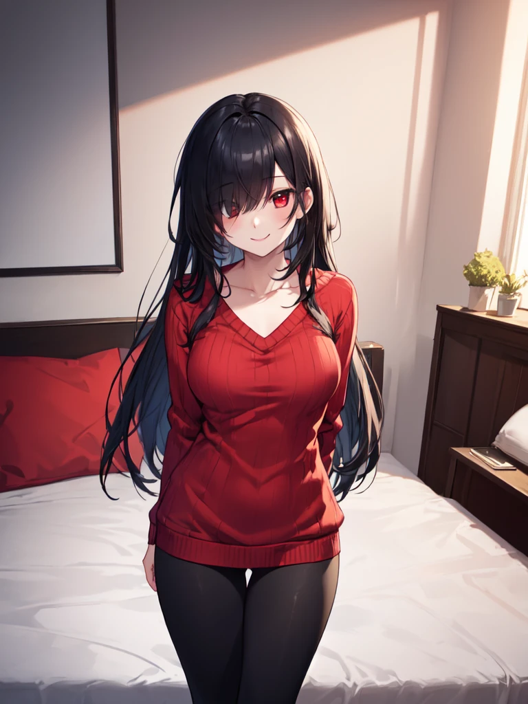 Masterpiece of a girl in all fours, showcasing the best quality of her toned body in a red sweater and black leggings. Her long black hair cascades down around her, and her piercing red eyes are filled with determination. The medium-sized breasts, accentuated by her position, are naturally depicted with intricate details, including a visible nipple. The scene is captured in ultra-high definition, with every fiber of her muscle and every strand of her hair in sharp focus. The image is rendered in a digital illustration style, with a photorealistic finish that brings out the textures and details of her body. The lighting is soft and warm, casting subtle shadows and highlight
