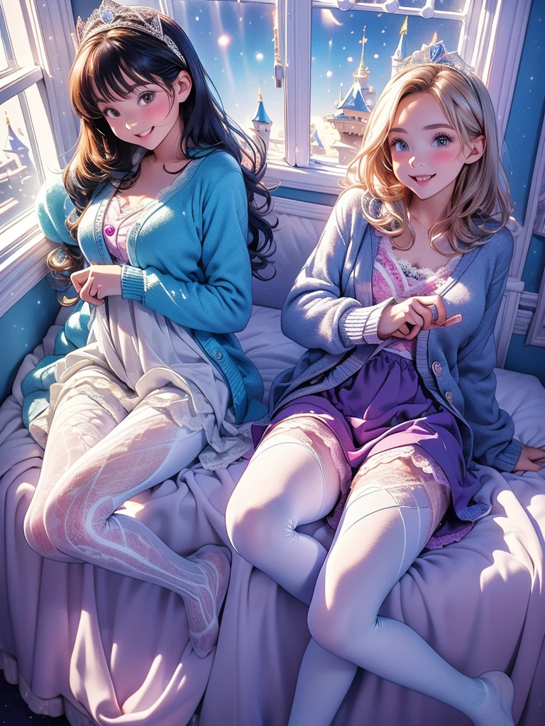 Two Women .(bluesky).tiara(8k)  Inside bed room. Winter. (Lace). Line-up  . (Overview window Disneyland.Cinderella.castle .leggings.socks.  jumping. longe Drees.cardigan. jumping.heart.neon. rainbow