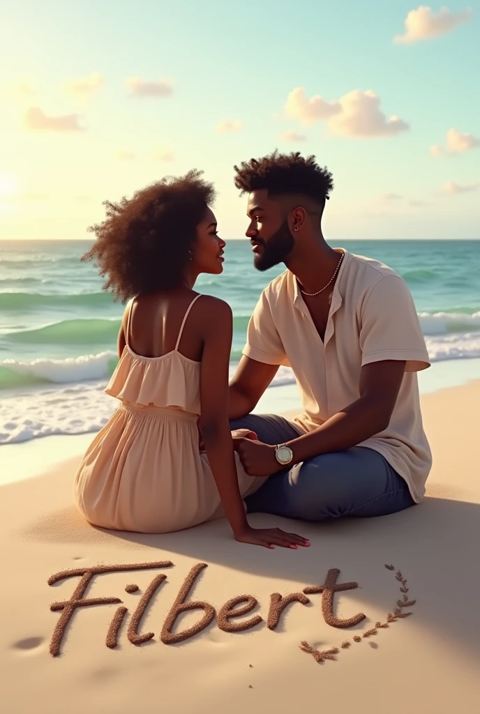 two people with their backs turned, holding hands while standing on the edge of a beach. A dark-skinned man wearing a white T-shirt and black shorts , white, overweight woman with black hair , wearing a pink floral swimsuit with a short black skirt with white edges They are looking towards the sea, with the water touching their feet. The sky is partly cloudy, With scattered clouds. At the bottom, small hills or islands and the ocean horizon can be seen. The scene has a peaceful and relaxed atmosphere.