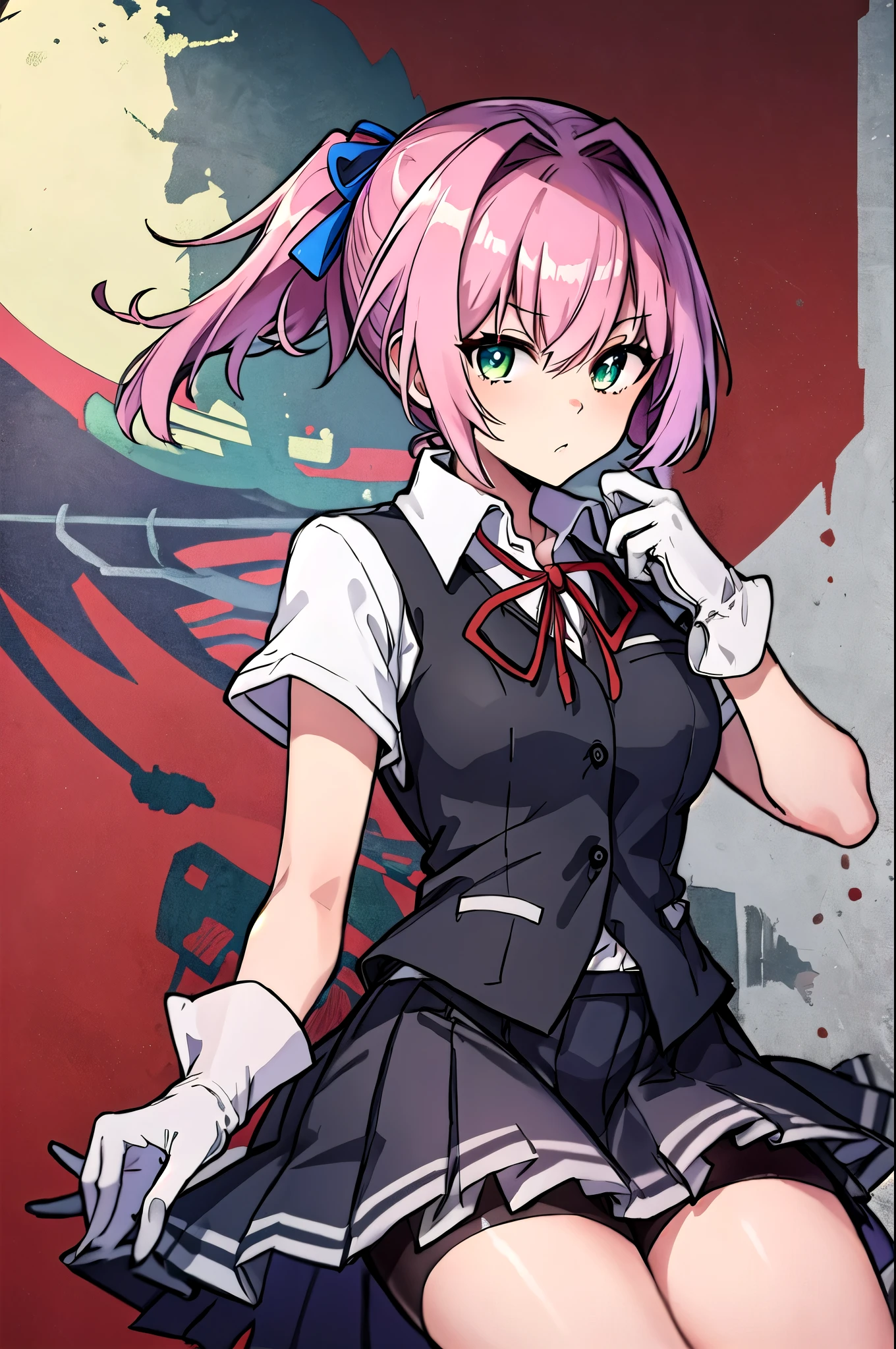  best quality,   Masterpiece ,  high definition , Alone, {Shiranui_  Fleet Collection:1.15},  pink_hair, short_hair,  ponytail, green_eye, ribbon, vest, neck_ribbon, red_ribbon, hair_ ornament,  1 girl , Gloves, mechanical, School_uniform, white_Gloves, short_sleeve,  skirt, Turret,  watching _in_ viewer, pleined_ skirt