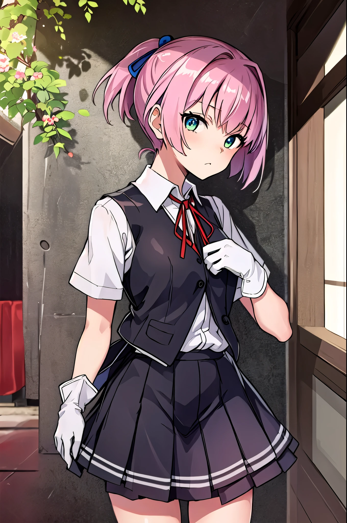  best quality,   Masterpiece ,  high definition , Alone, {Shiranui_  Fleet Collection:1.15},  pink_hair, short_hair,  ponytail, green_eye, ribbon, vest, neck_ribbon, red_ribbon, hair_ ornament,  1 girl , Gloves, mechanical, School_uniform, white_Gloves, short_sleeve,  skirt, Turret,  watching _in_ viewer, pleined_ skirt