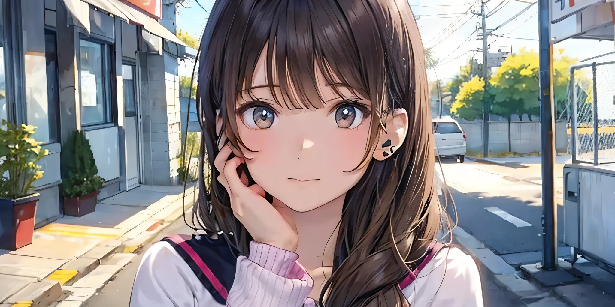 Beautiful brown-haired girl wearing headphones waiting for her lover alone in front of a convenience store
