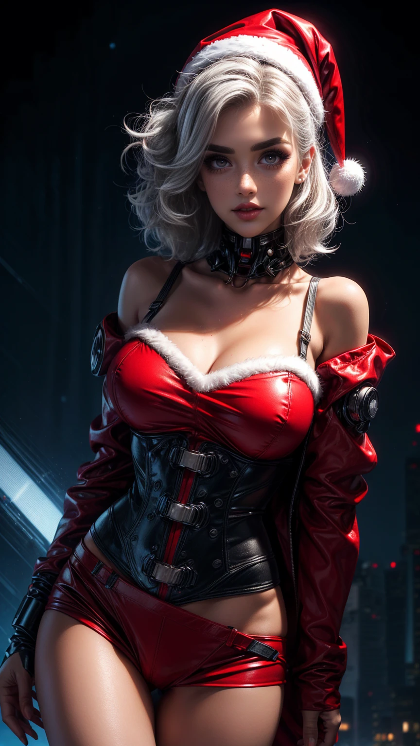  An 18-year-old white girl smiling , ( wearing a sexy Santa Claus coat )  short curly hair ,  white hair ,  cybernetic prosthesis , big red eyes, ( neon city background at night ),  full lips of the mouth with red lipstick, Cyberpunk Christmas , piercing,  big breasts,  synthetic skin with cyber circuits ,  cyberpunk details on the face , ( Santa Claus hat)  intricate details (8K, ) , Albedo and Specular maps, SurFace Shading,  Accurate simulation of light-material interaction , perfect proportions,  octane render , Low ISO , White balance, rule oF thirds, blue neon light.
