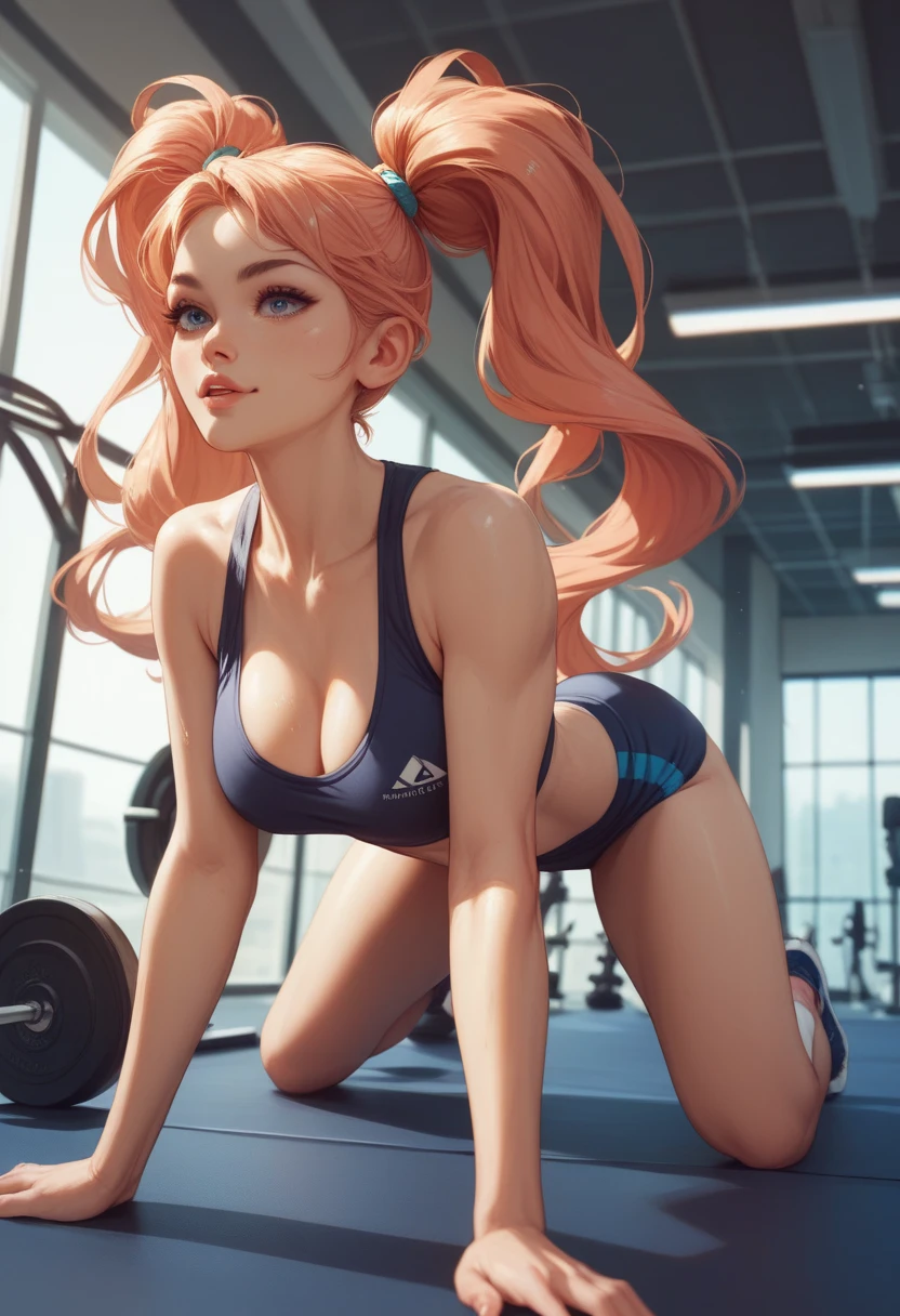  female bodybuilder、 Long Ponytails、 training gym 