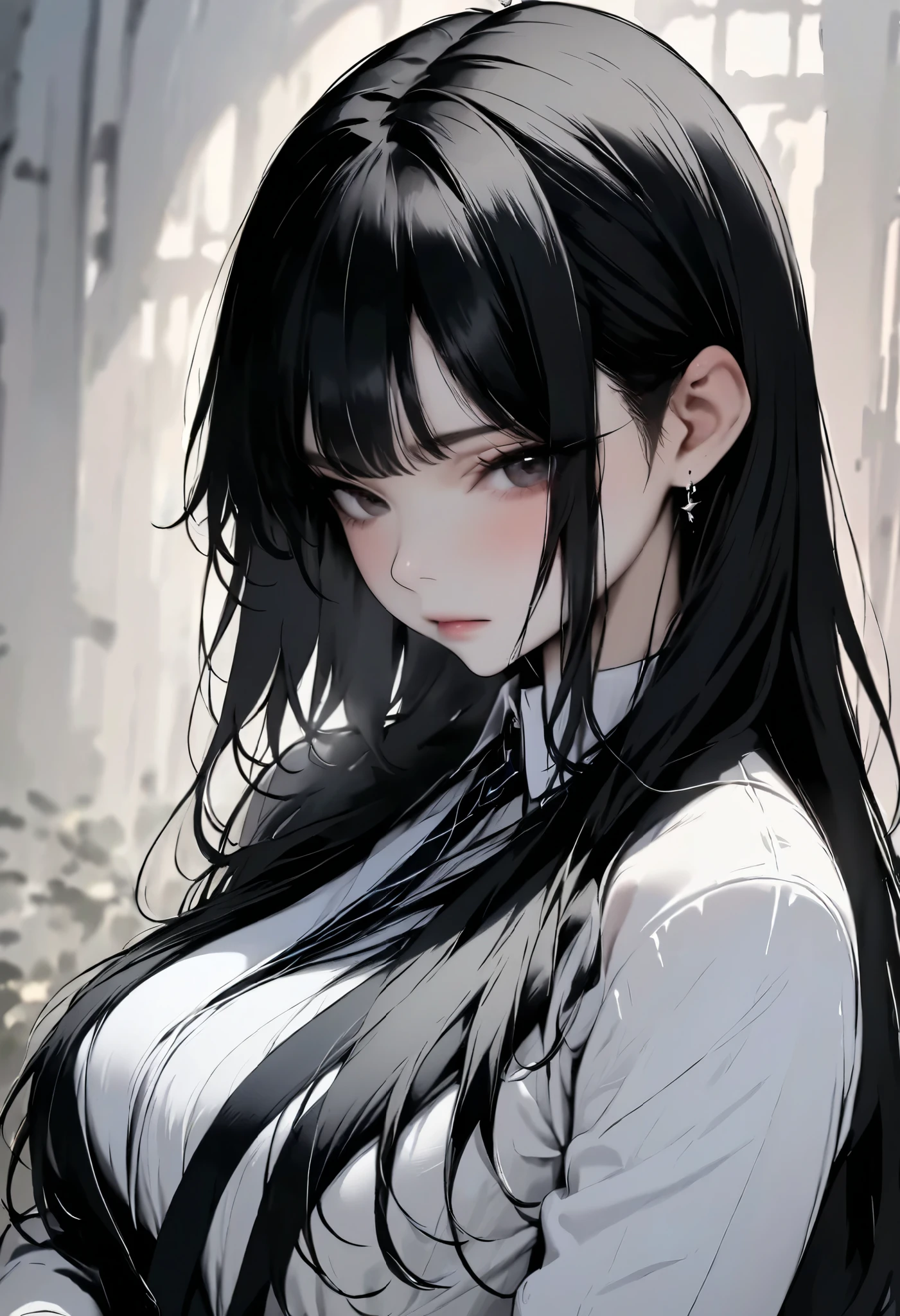 Anime girl with long black hair and white shirt posing for a picture ...