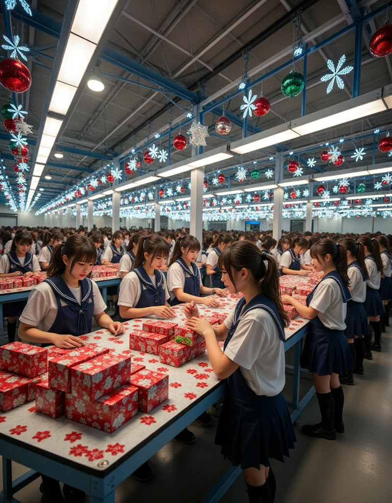 documentary photo, ultra-realistic, photorealistic, dramatic scene, shadow, global-illumination, these clone girls are all Japanese high school student, wearing a sailor uniform, these clone student girls are working at the Christmas present factory, many Christmas decorated boxes of Christmas present are carried on the conveyor belt, the factory is decorated with festive Christmas illuminations, Countless cloned girls are busily working in neat rows in the vast factory