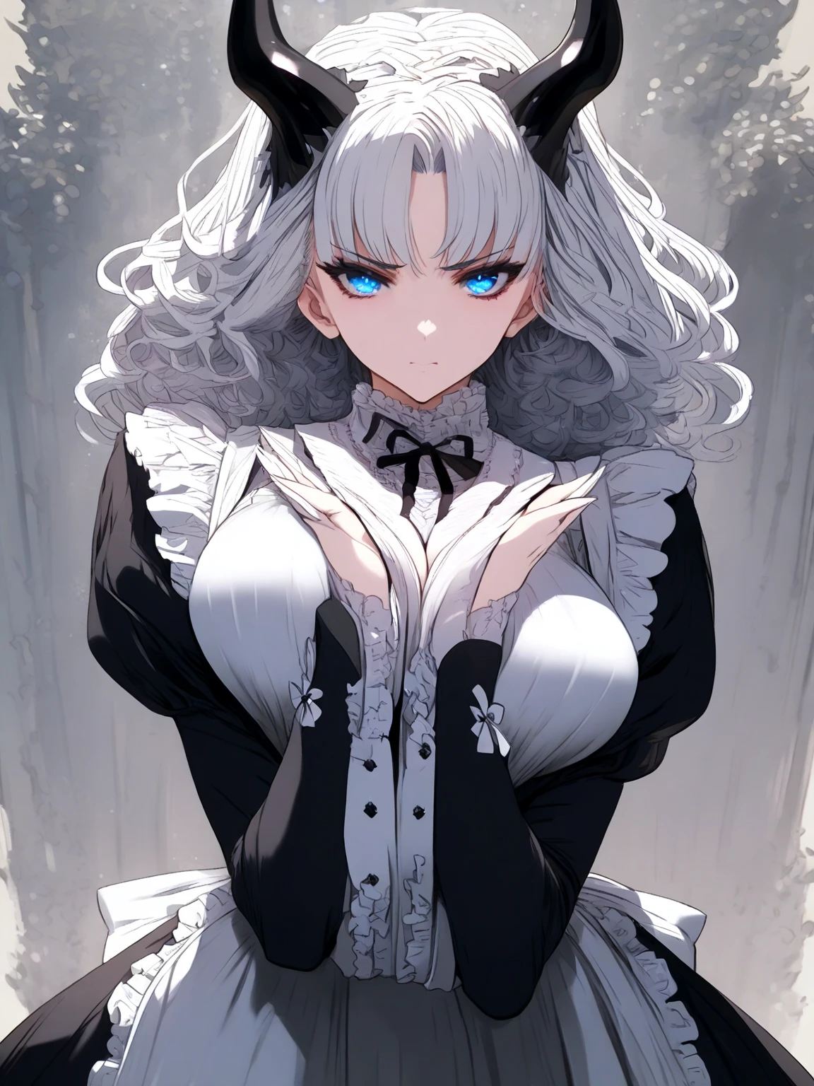 Masterpiece, very detailed, ultra detailed, one, (1 woman) - Soft and sexy body, big breasts, a woman in a French black and white maid suit in a modest position with folded palms, a beautiful maid, with charming eyes, cold eyes, a cold look, blue eyes, serious face, very short hair, wavy hair, white hair and bangs, she with white demonic horns, around her flame magic, vampire, beautiful charming anime woman, ((beautiful fantasy maid)), beautiful vampire woman
