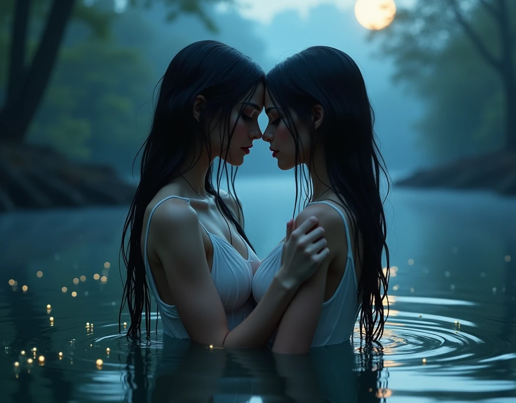 best quality,ultra-detailed,realistic,photorealistic,gemini twins kissing under moonlight reflection,beautiful detailed eyes,beautiful detailed lips,two girls,night sky,dreamy atmosphere,golden moonlight,romantic ambiance,soft and gentle colors,whimsical and enchanting,sparkling stars,ethereal glow,faint mist,serene and tranquil,blissful moment,love and affection,fantasy setting,magical scenery,moonlit garden,twinkling lights,ethereal beauty,elegant and graceful,floating petals,subtle shadows,soft breeze,glistening water,rays of moonlight,romantic silhouettes,gentle touch,and a feeling of eternal love.