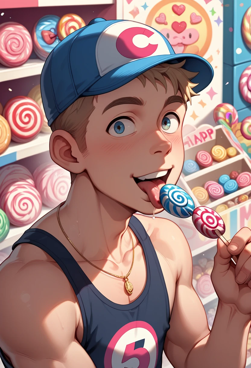 Boy yo on candy shop, anime, slim, haapy face tanktop, baseball cap, licking  lollypop, candies on background 