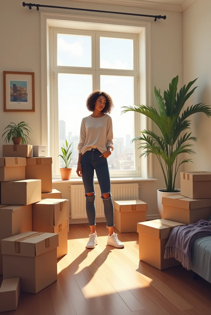 Create me a picture of a woman with moving boxes
