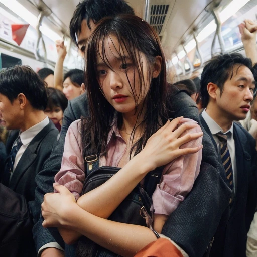 In the heart of a bustling city, amidst the throngs of commuters, a young japanese woman clutches her bag close to her chest. she is very wet. Her expression is downcast, perhaps introspective or slightly distressed, as she navigates the crowded public transit. The man behind her is inadvertently close and wrapped her weist, illustrating the lack of personal space commonly found in such settings.