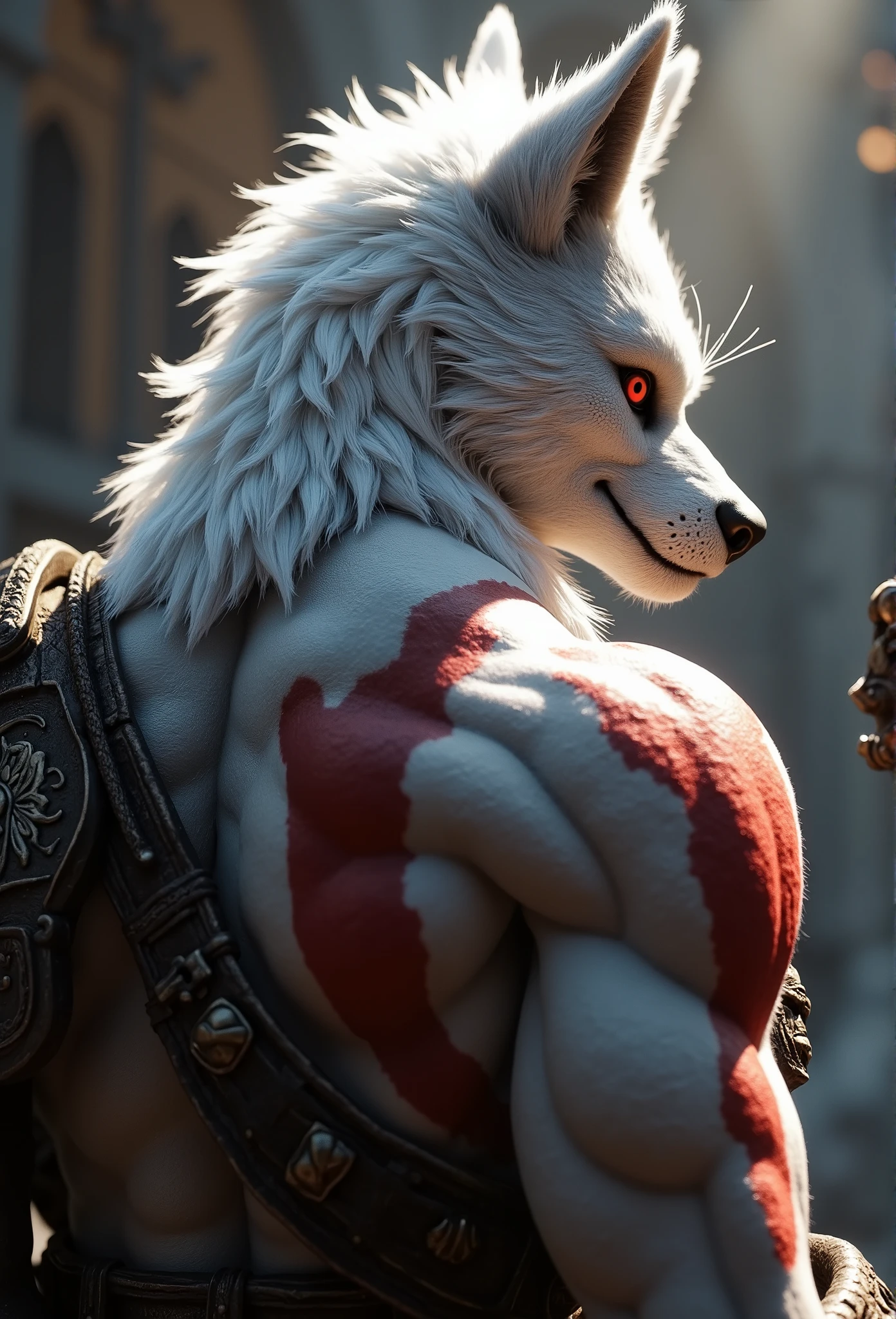 High quality, masterpiece, digital media (artwork), ultra-high resolution, highly detailed fur and face, focusing on a solo furry male. Intricately detailed eyes with bright red pupils and white sclera, illuminated by volumetric lighting for an amazing, atmospheric effect. Cowboy shot capturing the character from the back, wearing a cloak that drapes over his muscular upper body. White fur, with a striking red scar, showcasing finely detailed textures. A bright, intense atmosphere with vivid lighting. Styled in the epic, gritty aesthetic of God of War (2005), emphasizing the character’s strength and fierce presence.