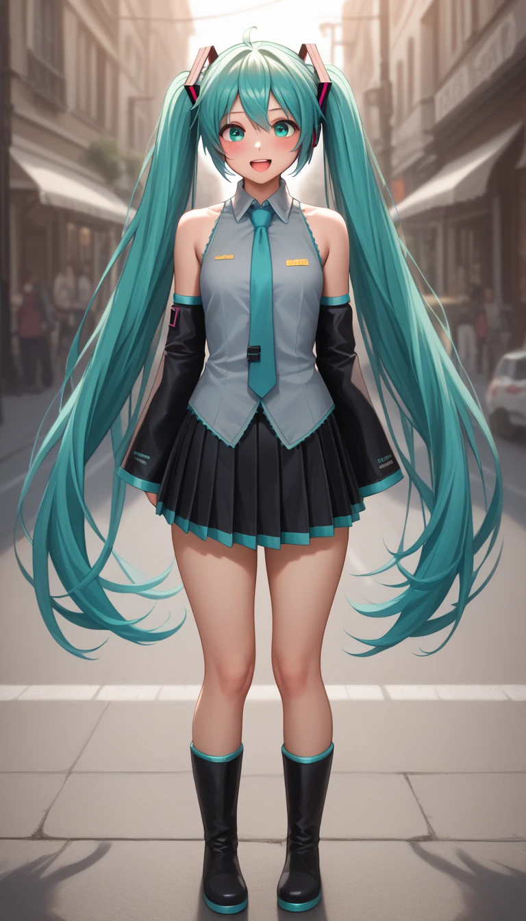 Hatsune Miku, 1girl, solo, blue-green hair, long hair, twin tails, blue-green eyes, white cotton panties, looking at viewer, open mouth, shy smile, (blush), Standing,                                                                            (black footwear, black skirt, black sleeves, boots, collared shirt, detached sleeves, grey shirt, necktie, pleated skirt, shirt, skirt, sleeveless, sleeveless shirt,), thick thighs, (nsfw), Focus on the butt, Uncensored, outdoor, street, (((from behind))),
((ultra-detailed)), (((Ultra-realistic photo))), (Realistic digital art), (((high dynamic range lighting))), (((masterpiece))), (best quality), highly quality, intricate details, (extremely detailed CG unity 8k wallpaper)), best shadow, ((extremely detailed fine touch)), (high resolution), (8K), (extremely detailed), (4k), (pixiv), perfect face, nice eyes and face, (super detailed), detailed face and eyes, textured skin, 
