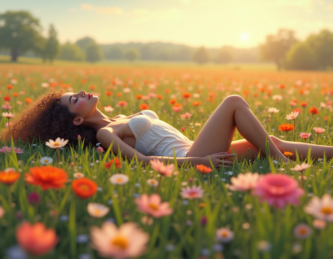 Create a highly detailed, photorealistic digital illustration of Jenna Ortega, inspired by film photography, with a soft focus effect. Depict her lying on her stomach in a lush, vibrant flower field, with a ratio of 1.3 flowers to grass, and the sun casting a warm, golden light. She is naked, with her long hair spread out around her, and her face is down, revealing the back of her head. Her legs are slightly spread, showcasing her slender figure and prominent rear, with a subtle "stick up her perky butt" curvature. Incorporate intricate details, heavy shadows, and subsurface scattering to achieve a masterpiece with a golden ratio composition. The image should be rendered in 8K resolution, ensuring every aspect is sharp and finely detailed, evoking a sense of realism.