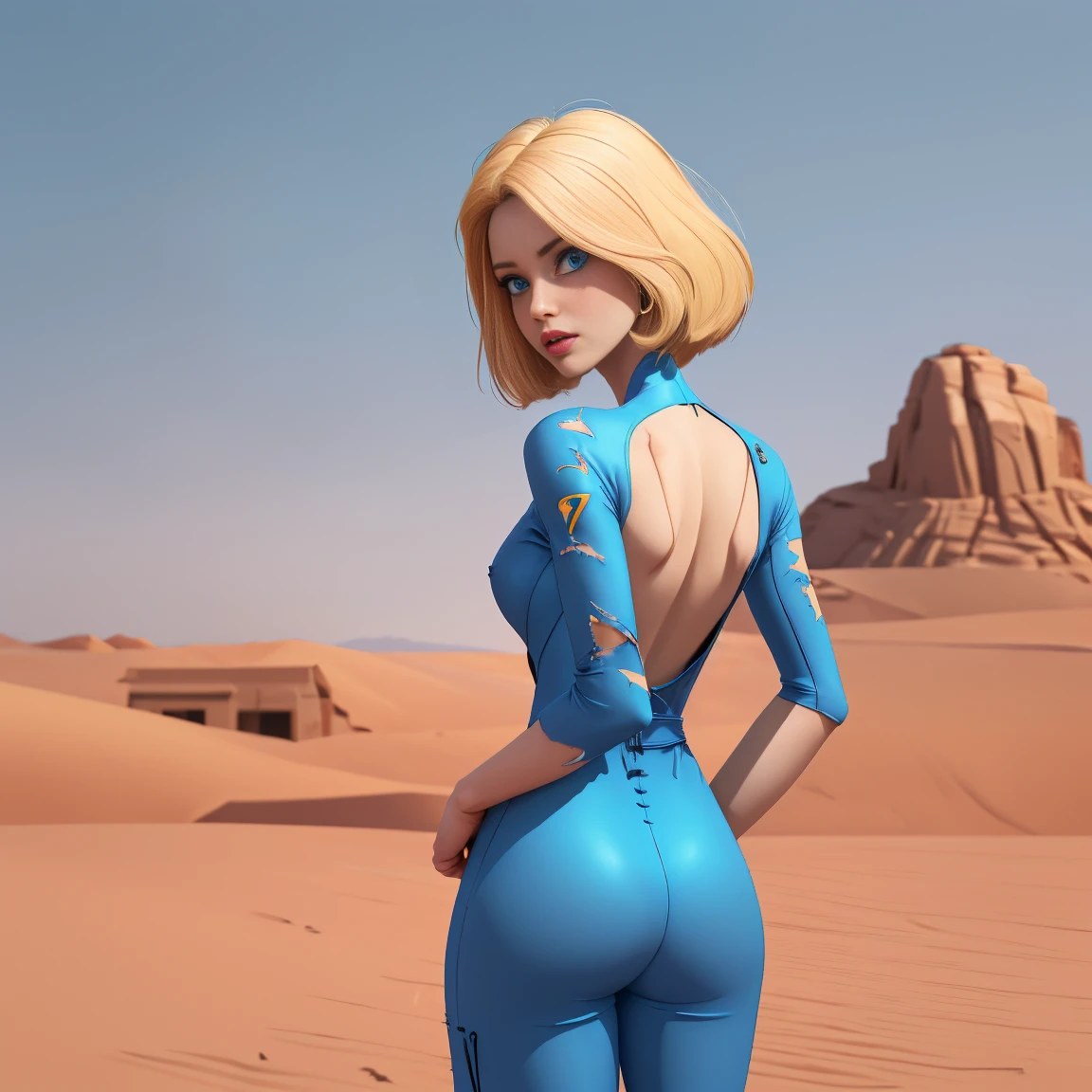 belledel, chuuChloe, Vault_girl, (petite woman:1.3), American, (blonde hair:1.3), (blue eyes:1.3), detail girl face, slim upper body, curvy lower body, (small breast:1.5), realistic skin texture, blue_and_(yellow:0.7)_Vault_Jumpsuit, (ripped_jumpsuit:1.4), viewed (from back:1.5), from below, perfect ass can be seen from holes in her clothing, a woman in a desert dystopian wasteland, full-body, narrow waist, wide hips, dramatic_angle, extreme angle shot, low_angle_shot, RAW photograph, realistic, sexy, cheeky, HDR, 4K, score_7_up, score_8_up