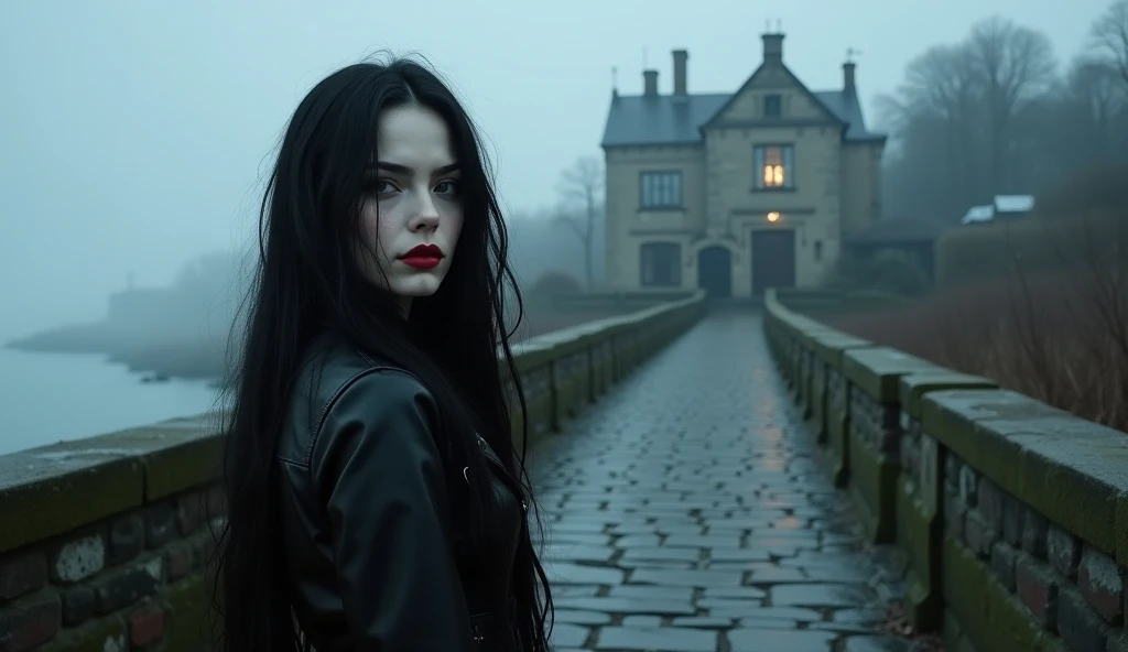  Luis Royo Style young woman, black leather rock style, very white skin, black long hair, red color lipstick on her lips, cold mystery cloudy cost of England, Luis royo, A foggy,she is standing on in front of a bridge. A cold, mysterious scene on the cloudy coast of England, with an ancient stone bridge in the foreground. The bridge, paved with uneven, weathered stones, spans a misty stream, its edges softened by moss and time. Beyond the bridge lies a stark contrast: a wealthier part of the town, with elegant, well-kept stone buildings faintly visible through the fog. Dim golden light spills from a few windows, hinting at life within. The damp air clings to the cobblestone road, which leads from the rugged, desolate foreground into the more refined and orderly architecture of the town beyond, framed by the brooding coastal sky at dusk.