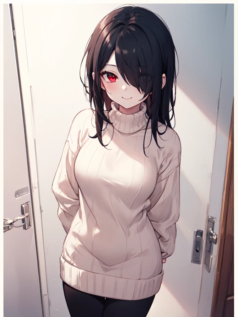  1 girl , solo,  black hair,  long hair,  hair to hide one eye, Straight Hair, Beautiful breasts, medium chest ,Red sweater, sweater dress,leggings,Red eyes, Slanted Eyes,His right eye is hidden by his hair, smiles,  closes her mouth,  Seductive Smile ,  standing,Hands Behind Back, high definition ,  simple backgrounds per person, bedroom, best quality,  Anatomically Correct, masterpiece,