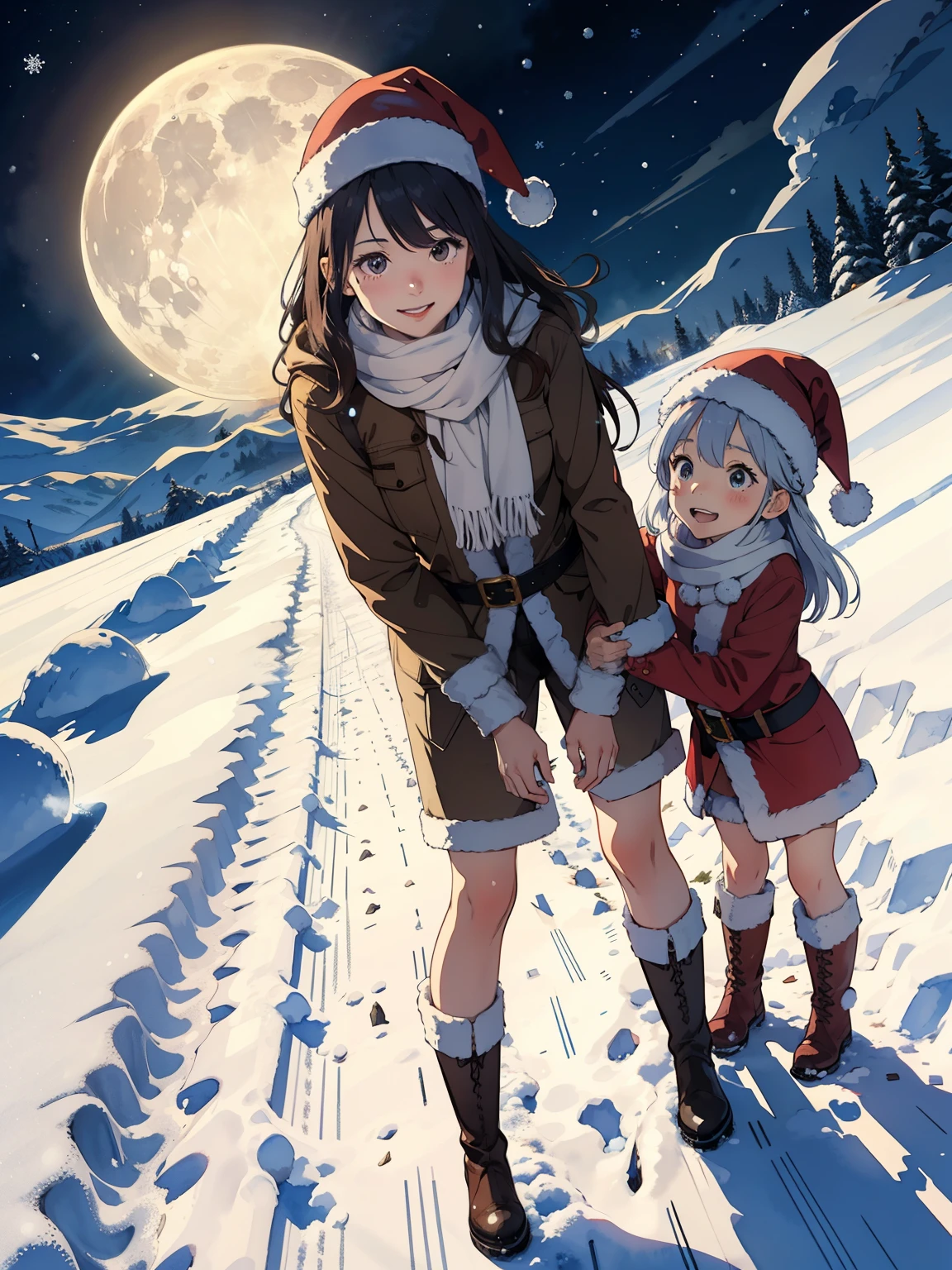  greatest masterpiece， best quality，High image quality，( super flat， flat shading )， fisheye lens， beautiful petite trained young mother and her very adorable little trained daughter:1.25， warm scarf， Santa Claus Outfit ，Christmas anime style costume ，(naked)，  long hair， boots，smile, smile，White Breath:1.2，fun, play, winter, snow, 新snow，dusk，  Beautiful Moon， Aurora，Wide angle,  bright color , watercolor,   Ghibli style，Strong winds， girl&#39;Lure，