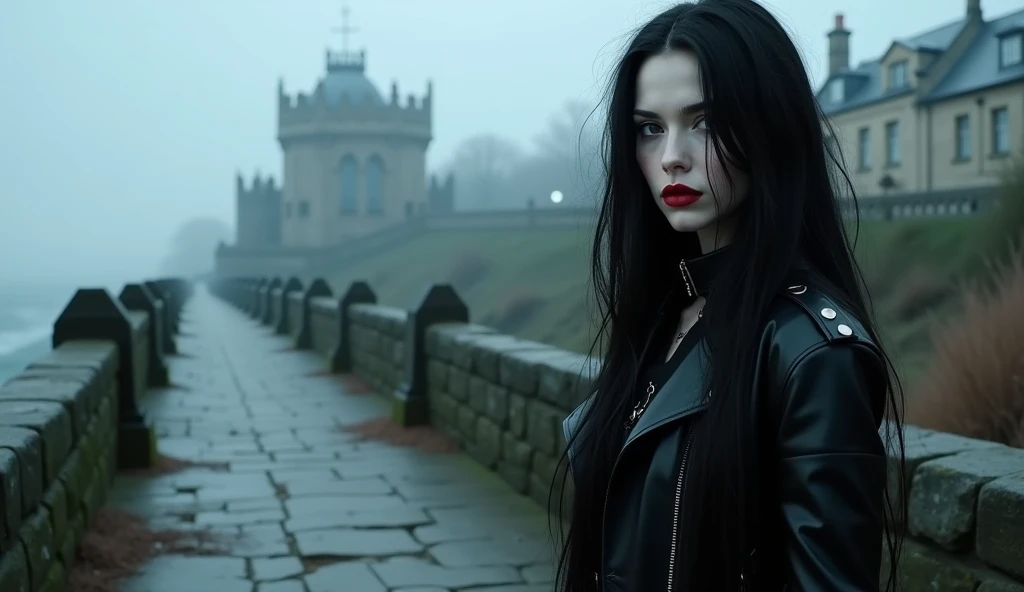  Luis Royo Style young woman, black leather rock style, very white skin, black long hair, red color lipstick on her lips, cold mystery cloudy cost of England, Luis royo, A foggy,she is standing on in front of a bridge. A cold, mysterious scene on the cloudy coast of England, with an ancient stone bridge in the foreground. The bridge, paved with uneven, weathered stones, spans a misty stream, its edges softened by moss and time. Beyond the bridge lies a stark contrast: a wealthier part of the town, with elegant, well-kept stone buildings faintly visible through the fog. Dim golden light spills from a few windows, hinting at life within. The damp air clings to the cobblestone road, which leads from the rugged, desolate foreground into the more refined and orderly architecture of the town beyond, framed by the brooding coastal sky at dusk.