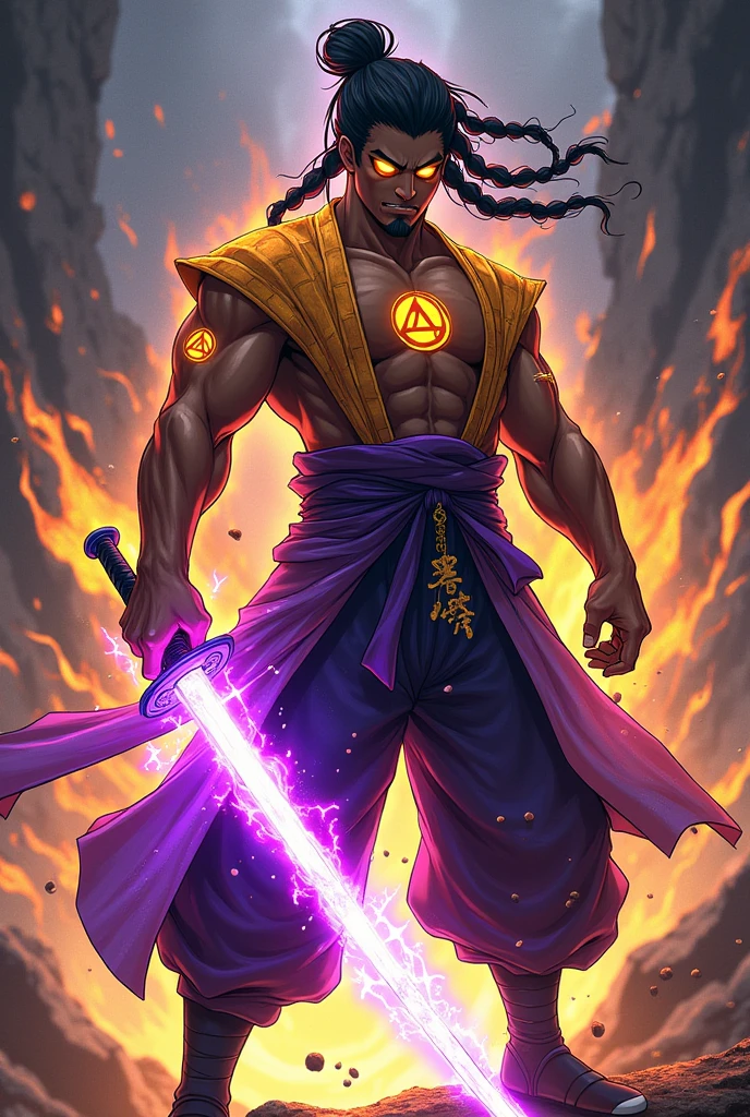 (Best quality ever) A humanoid male character, he is muscular and wears bright purple and yellow stripes, Japanese fighting training clothes, he wears black ninja shows, his skin is carmel brown, he has bright yellow eyes with the illuminati symbol in each eye, he is holding a sword made of bright yellow and purple energy that has illuminati symbols,  He has big black braided hair, manga at style, rpg art style