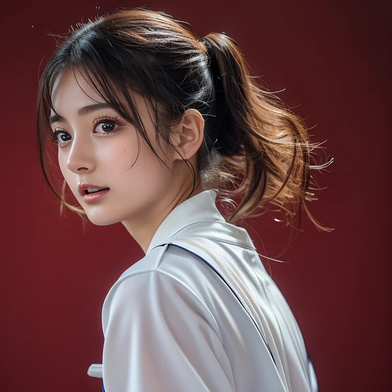 ((masterpiece, Highest quality, High resolution)), (look back:1.3), One girl practicing archery, (Realistic: 1.4), Great face, 15 years old, Medium Hair, (Beautiful Hair:1.5), Kyudo uniform, The background is a kyudo hall, Angle from the back, Smooth, Highly detailed CG composite 8K wallpaper, High resolution RAW color photos, Professional photography, Light, BackLight, dream-like, impressive, Written boundary depth