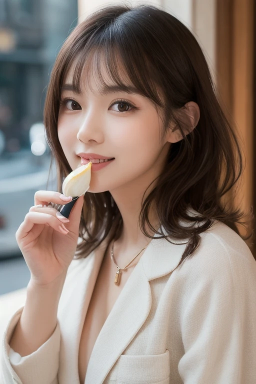 ((top-quality、8K、​masterpiece:1.3))、Detail Women:1.3、(Medium Hair、Colossal tits:1.3)、Camisole with a small area、Clothes that emphasize the chest very much、Clothes with open cleavage、Clothes that expose a lot of skin、lightly dressed、ultra -detail、the detail、eyelid、summer vacation、cafes、eating banana
