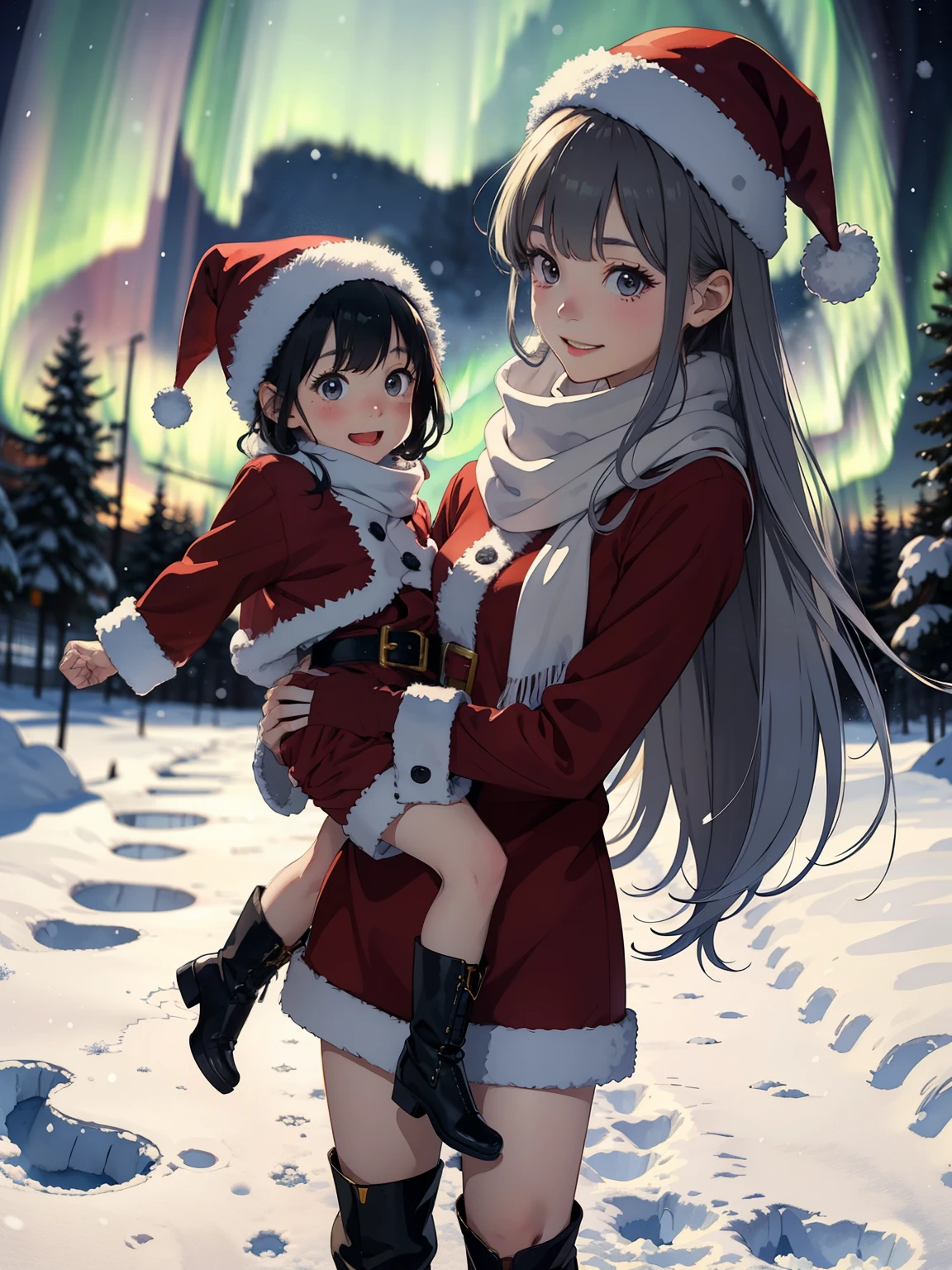  greatest masterpiece， best quality，High image quality，( super flat， flat shading )， fisheye lens， beautiful petite trained young mother and her very adorable little trained daughter:1.25， warm scarf， Santa Claus Outfit ，Christmas anime style costume ，(naked)，  long hair， boots，smile, smile，White Breath:1.2，fun, play, winter, snow, 新snow，dusk，  Beautiful Aurora，Wide angle,  bright color , watercolor,   Ghibli style，Strong winds， girl&#39;Lure，