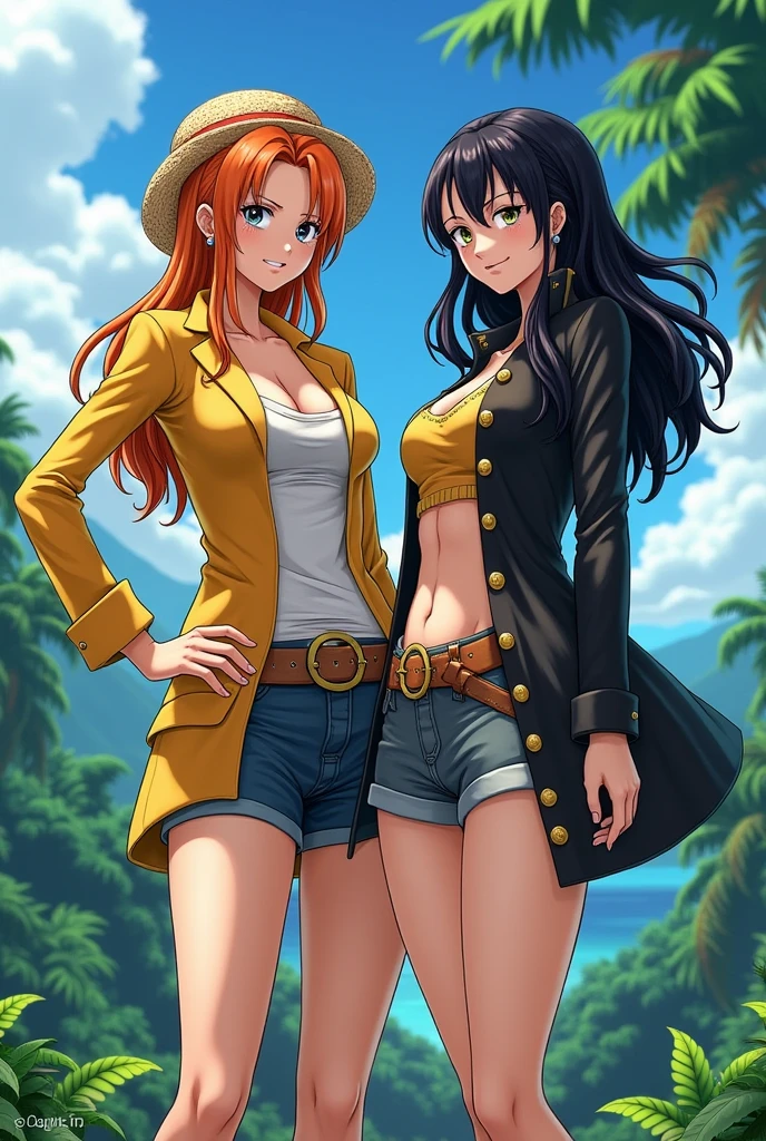 work of art,highest quallity,anime illustration,2 women[(a one woman,breasts big,big-ass,Very brown brown hair,long hair,green eyes with the pupil being a star,Outfit similar to Law from One Piece),(a one woman,breasts big,chestnut hair,shorth hair,Eyes red,Off-the-shoulder shirt,Shorts)],virado para a frente,studio