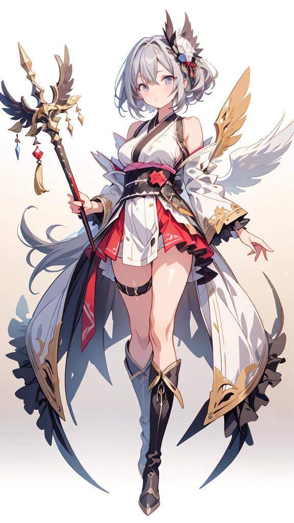 ((highest quality)), ((masterpiece)), (detailed),Her pale pink hair falls to her ankles and is tied loosely around her chest, she wears a moon hair ornament, has small breasts that are not typical of a , her legs are pretty, she is slender and has a good figure, and she has a pink aura. A huge cross-like weapon released