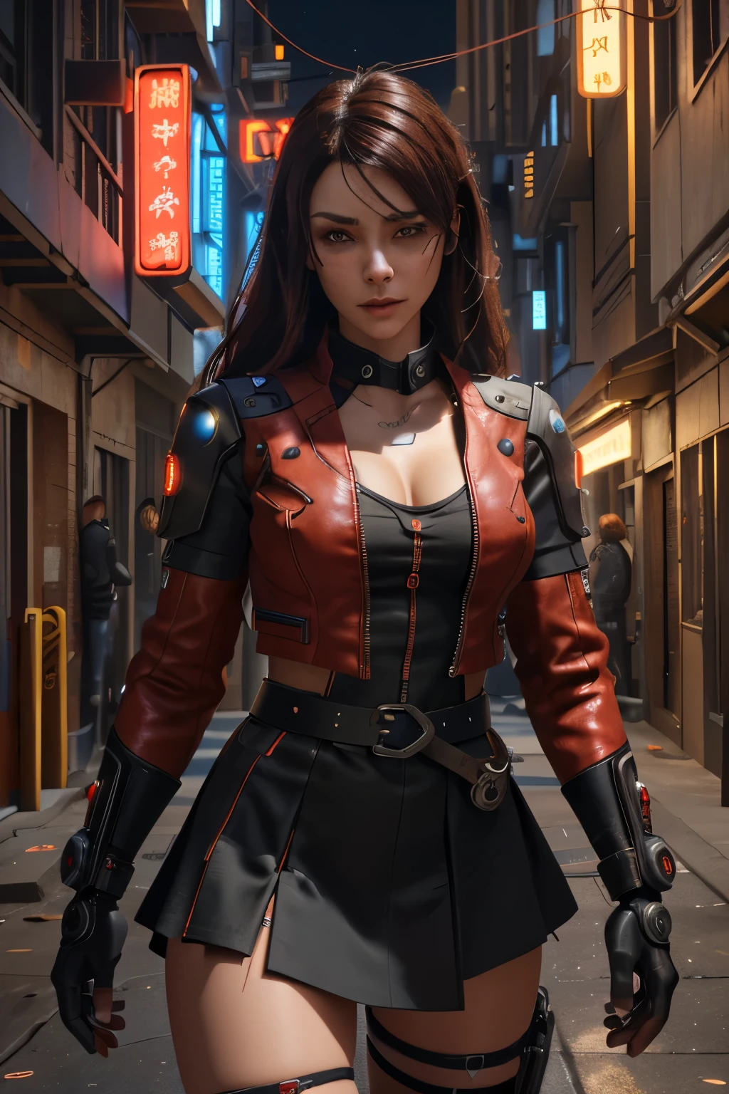 beautiful alluring cyborg cyberpunk female brawler, red mini skirt, red top, futuristic black leather jacket with glowing parts, black leather belt, long lush brown hair, blue eyes, exposed mechanical limbs, at a cyberpunk city alley at night, comic Theme, Fiverr Dnd Character, Octane Render, Digital Art, Extreme Detail, 4k, Ultra Hd, Polished, Beautiful, Hyperdetailed, Intricate, Elaborate, Meticulous, Photorealistic, Sharp Focus, Wlop, Character Design, Unreal Engine, 3d Rendered, Volumetric Lighting, Reflections, Glossy, Digital Illustration, Sensual Pose, Suggestive Pose, Lewd, Full Body Shot, anatomically correct, 💖❤💕💋❣