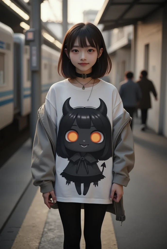 She is wearing a Tee with a large print of her favorite cute black devil girl,  super real , photorealistic,  dramatic scene , shadow, Global Illumination, Alone, ( A famous 20-year-old Japanese idol who travels alone is waiting for an international sleeper train :1.5),   A very beautiful and fragile Japanese girl  , very beautiful with very cute but boyish cool face,  she says 、 A chibi anime devil black girl with a very realistic smile is wearing a punk rock costume wearing a t-shirt printed on it,   The Chibi Anime Devil Black Girl printed on her t-shirt is 1 girl  \( black dark devil ,cute,big eyes, big round eyes , dark skin , Evil Smiles ,length nail, orange eyes, vivid  orange eyes, dark  dark skin ,  Look Down, capelet\(big,length,Torn\),  backlight ,whole body\),  she says アクセサリーを着ています , Leather Choker,  Leather Jacket , Standing in the city center ,   Professional Writing  , 