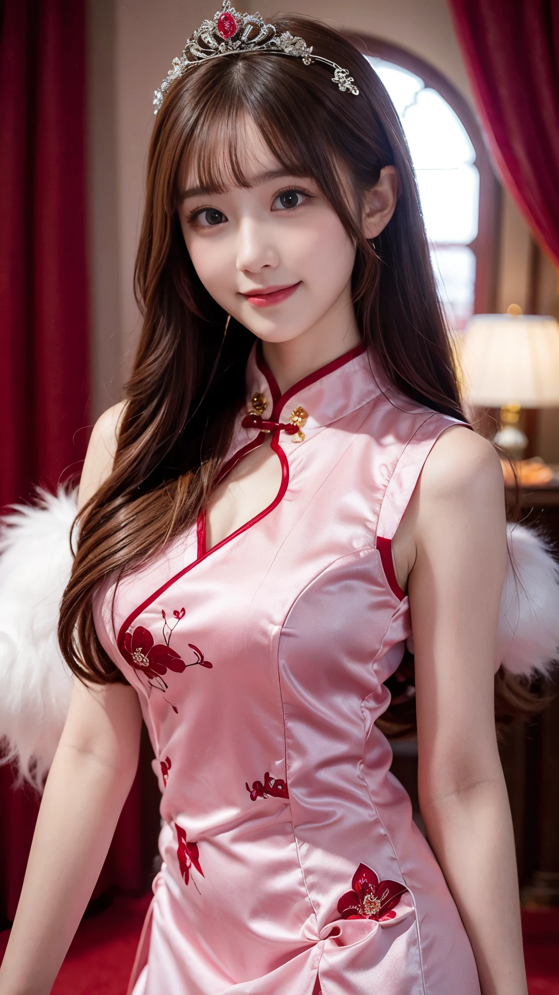 beautiful little princess woman, Chestnut hair , Beautiful Eyes , Smile, actual , Full HD, very beautiful dress ,Fluffy dress , curved body,Magnificent view ,Gorgeous decoration,cheongsam