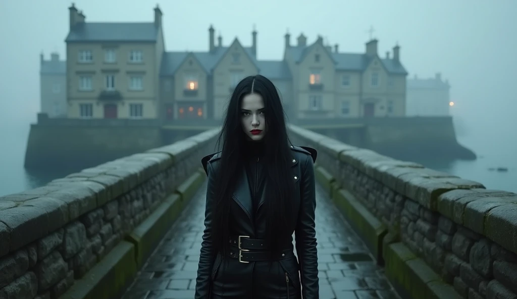  Luis Royo Style young woman, black leather rock style, very white skin, black long hair, red color lipstick on her lips, cold mystery cloudy cost of England, Luis royo, A foggy,she is standing on in front of a bridge. A cold, mysterious scene on the cloudy coast of England, with an ancient stone bridge in the foreground. The bridge, paved with uneven, weathered stones, spans a misty stream, its edges softened by moss and time. Beyond the bridge lies a stark contrast: a wealthier part of the town, with elegant, well-kept stone buildings faintly visible through the fog. Dim golden light spills from a few windows, hinting at life within. The damp air clings to the cobblestone road, which leads from the rugged, desolate foreground into the more refined and orderly architecture of the town beyond, framed by the brooding coastal sky at dusk.