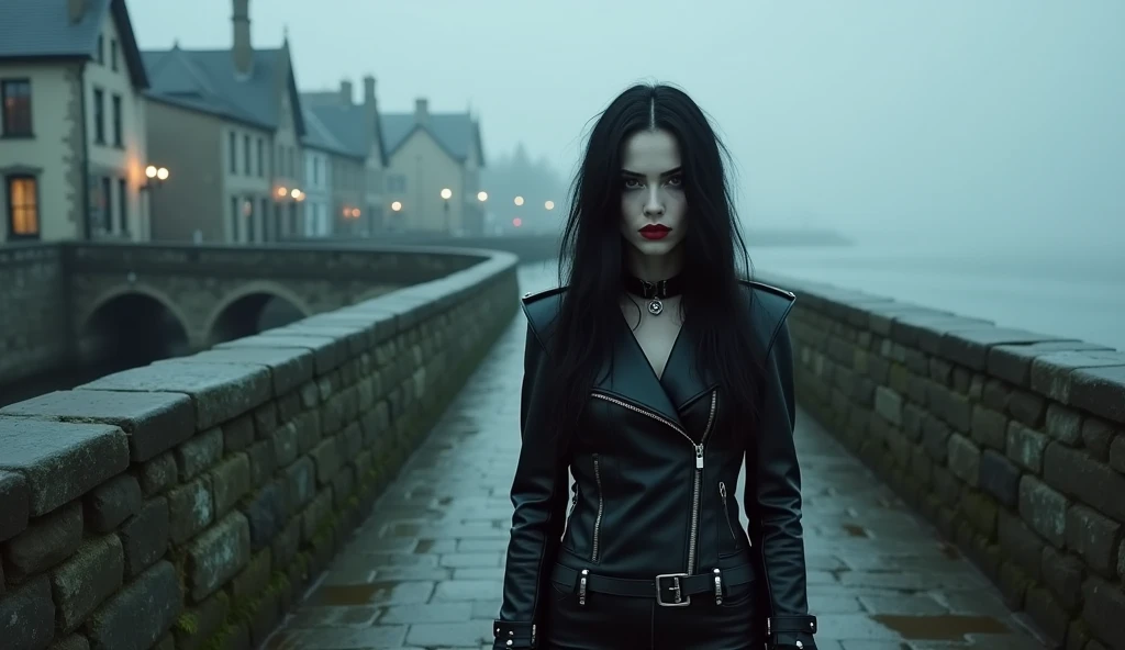  Luis Royo Style young woman, black leather rock style, very white skin, black long hair, red color lipstick on her lips, cold mystery cloudy cost of England, Luis royo, A foggy,she is standing on in front of a bridge. A cold, mysterious scene on the cloudy coast of England, with an ancient stone bridge in the foreground. The bridge, paved with uneven, weathered stones, spans a misty stream, its edges softened by moss and time. Beyond the bridge lies a stark contrast: a wealthier part of the town, with elegant, well-kept stone buildings faintly visible through the fog. Dim golden light spills from a few windows, hinting at life within. The damp air clings to the cobblestone road, which leads from the rugged, desolate foreground into the more refined and orderly architecture of the town beyond, framed by the brooding coastal sky at dusk.