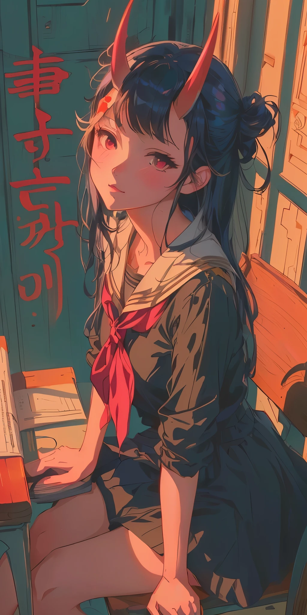 a woman sitting at a table with a book and a demon's head, artwork in the style of guweiz, anime aesthetic, anime style illustration, beautiful anime art style, anime styled digital art, clean detailed anime art, beautiful anime style, in an anime style, anime style artwork, guweiz, in anime style, anime style art, anime vibes