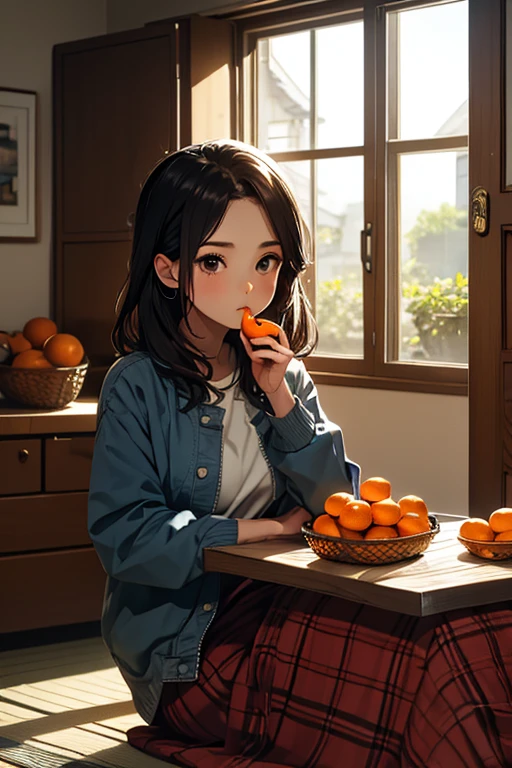 (masterpiece), best quality, expressive eyes, perfect face,an illustration of mature female sitting at kotatu,mandarin orange basketon kotatu,wearing casual cloth under japanese short jacket, she is relax, she eating a piece of mandarin orange,