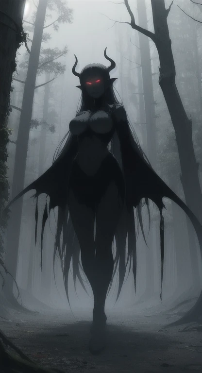 Foggy Forest, ancient creature, demonic silhouette, fairy shadow figure, red eyes, eyes in the fog, rotting, looking dead, torn wings,