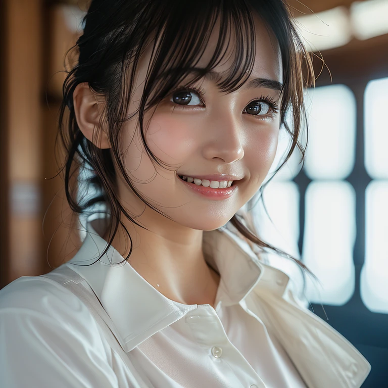 masterpiece,best quality,(Japanese ),((Beautiful girl)),cleavage,indoor,(perfect body beauty:1.2),(shy smile),beautiful teeth,(From slightly above),