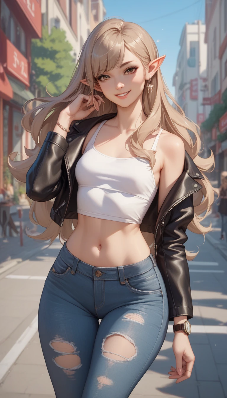   1 girl, Alone,  small breasts,   watch viewers,   Wide Hips , I々I have,  long hair, pointy ears,(  light brown hair  ,  shorthair、), best quality、  Masterpiece 、   super high resolution 、 beautiful smile、  Leather Jacket 、 street,  ripped jeans 