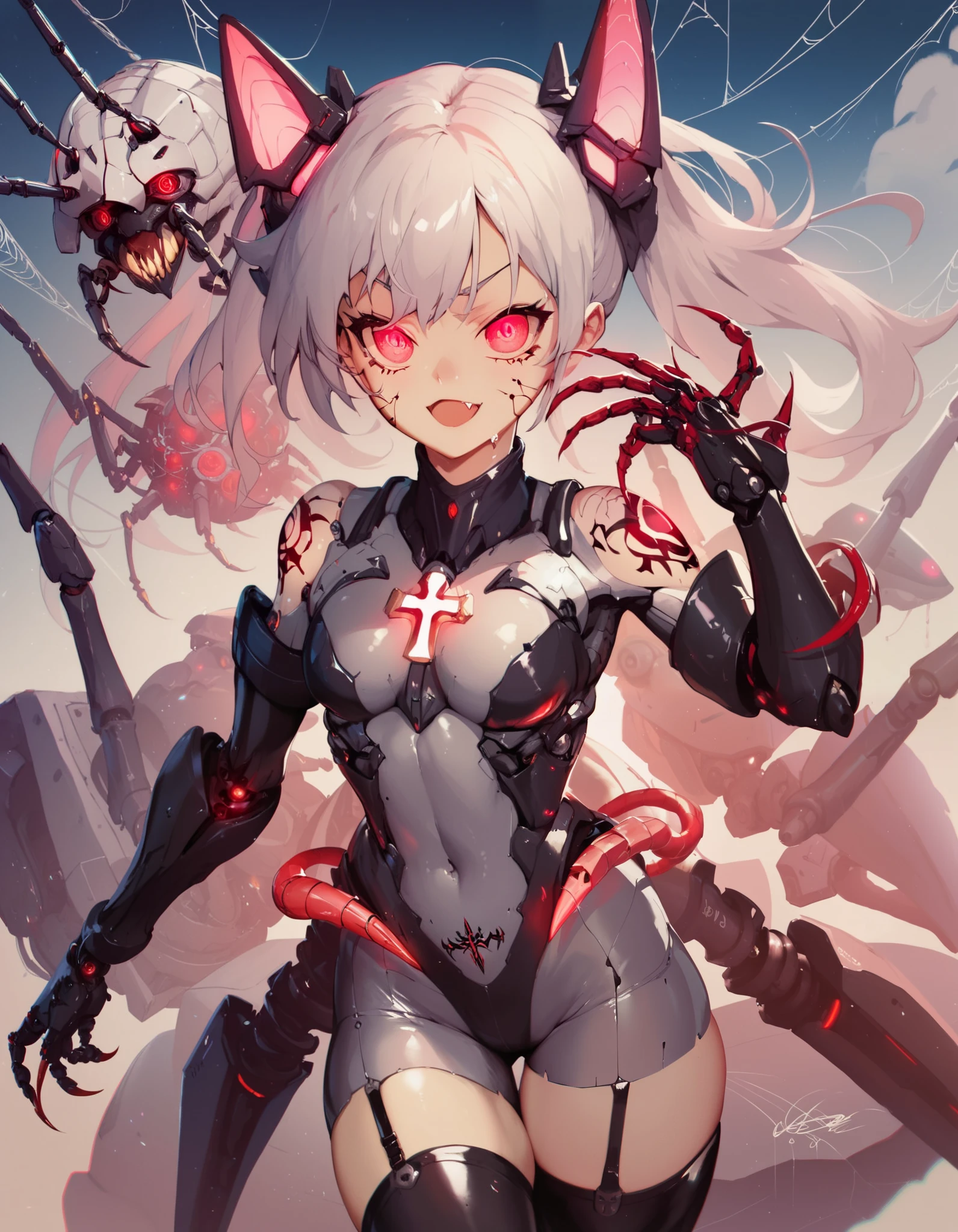 Mechanical Weapon Girl. （Upper body close-up image）(Sit on the throne)（Mechanical Fang）Full body bodysuit. Latex. Cyber wind. Light armor. spider tattoo near his eye and black mucus dripping down his cheek. look of contempt. Grey hair. Glowing red eyes. Glowing core. mechanical Kaijyu in the background. large sharp claws. Red and black machine. Battleship. Cross legs. Arms crossed. swarm of mechanical insects.
