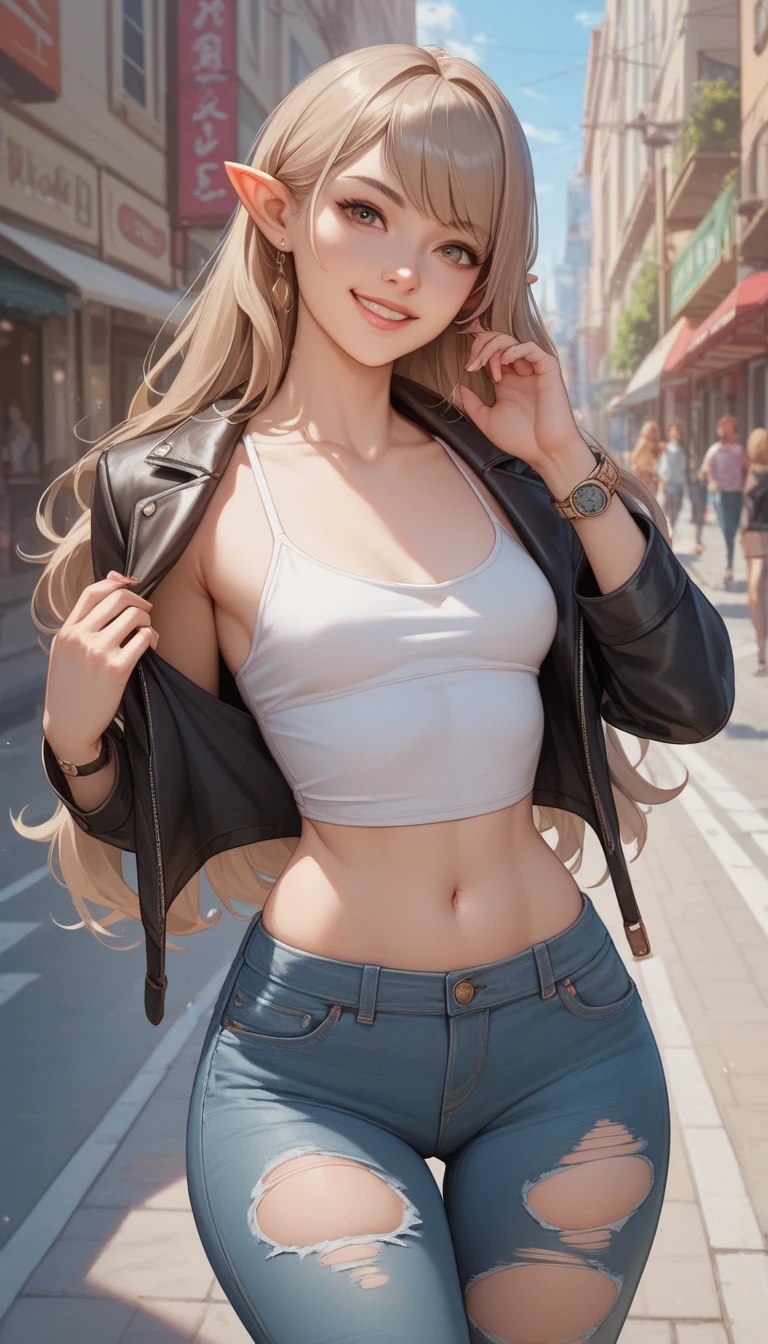   1 girl, Alone,  small breasts,   watch viewers,   Wide Hips , I々I have,  long hair, pointy ears,(  light brown hair  ,  shorthair、), best quality、  Masterpiece 、   super high resolution 、 beautiful smile、  Leather Jacket 、 street,  ripped jeans 