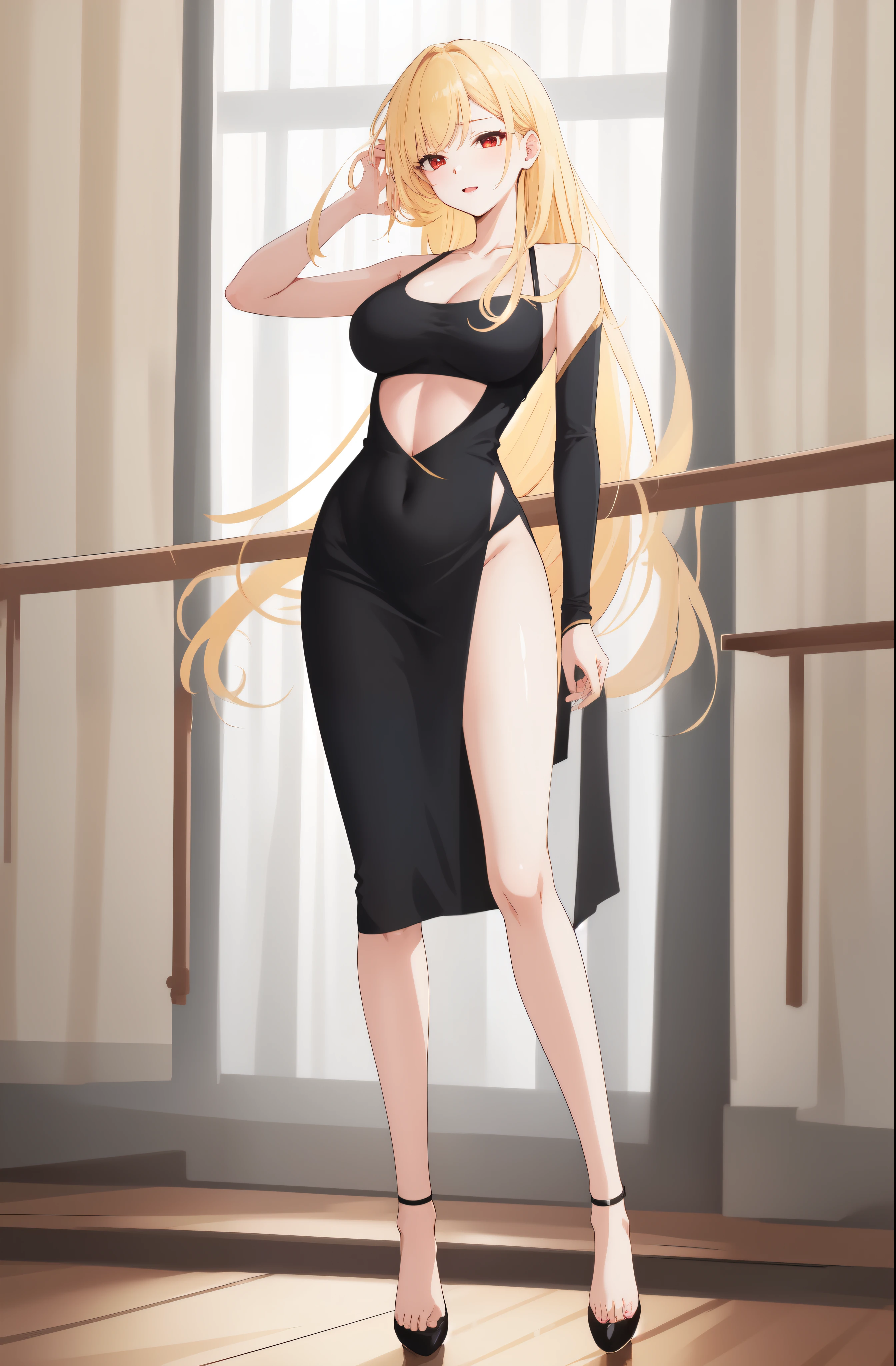 masterpiece, dress, black dress, Black dress, Black Dress, dongtan dress, Dongtan dress, Dongtan Dress, black dongtan dress, Black dongtan dress, Black Dongtan Dress, highres, Super detailed, very detailed, highest quality, best quality, super detailed, standing, high quality, high-definition, extremely detailed, mature female, full body drawing, Full body drawing, straight body, slender body, Slender body, Slender Body, (large breasts), (masterpiece), (best quality), (hyperdetail), (illustration), ((extremely delicate and beautiful)), (detailed light), (prefect's body), hanging hand over head, {{{{{long hair, Long hair, Blonde hair, blonde hair, blonde, Blonde, Red eye, red eye, Red Eye, binyeo, Binyeo}}}}}, sexy, sexy belly line