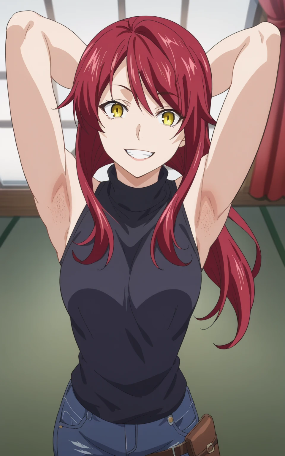 score_9, score_8_up, score_7_up, source_anime, anime screencap, 1girl, solo, kobayashi rindou, black sweater, sleeveless sweater, turtleneck, bare shoulders, bare arms, arms behind head, armpits, from above, looking at viewer, head towards viewer, evil smile, badhandv4, indoors, weapon holsters, jeans, armpit stubble