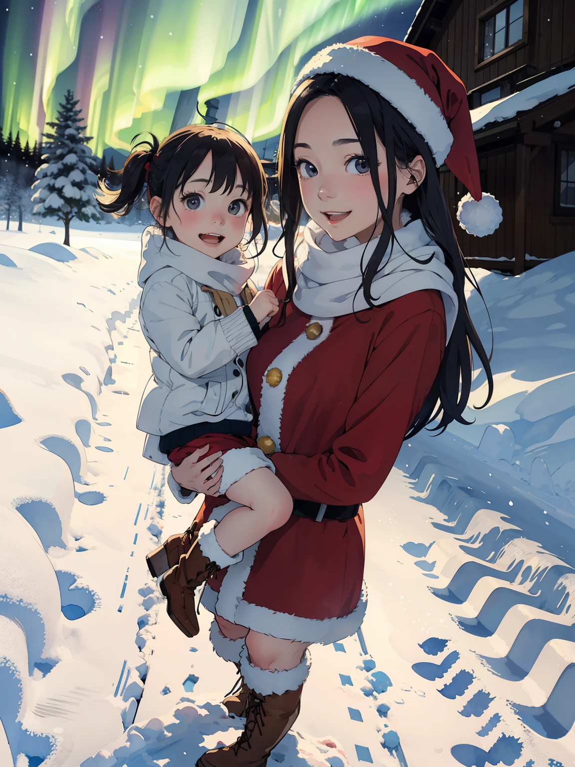  greatest masterpiece， best quality，High image quality，( super flat， flat shading )， fisheye lens， beautiful petite trained young mother and her very adorable little trained daughter:1.25， warm scarf， Santa Claus Outfit ，Christmas anime style costume ，(naked)，  long hair， boots，smile, smile，White Breath:1.2，fun, play, winter, snow, 新snow，dusk，  Beautiful Aurora，Wide angle,  bright color , watercolor,   Ghibli style，Strong winds， girl&#39;Lure，