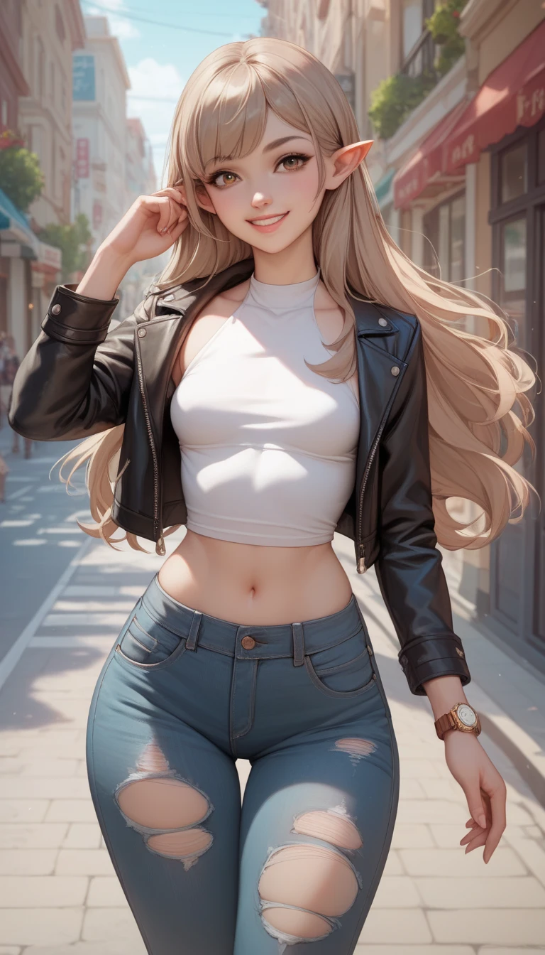   1 girl, Alone,  small breasts,   watch viewers,   Wide Hips , I々I have,  long hair, pointy ears,(  light brown hair  ,  shorthair、), best quality、  Masterpiece 、   super high resolution 、 beautiful smile、  Leather Jacket 、 street,  ripped jeans 