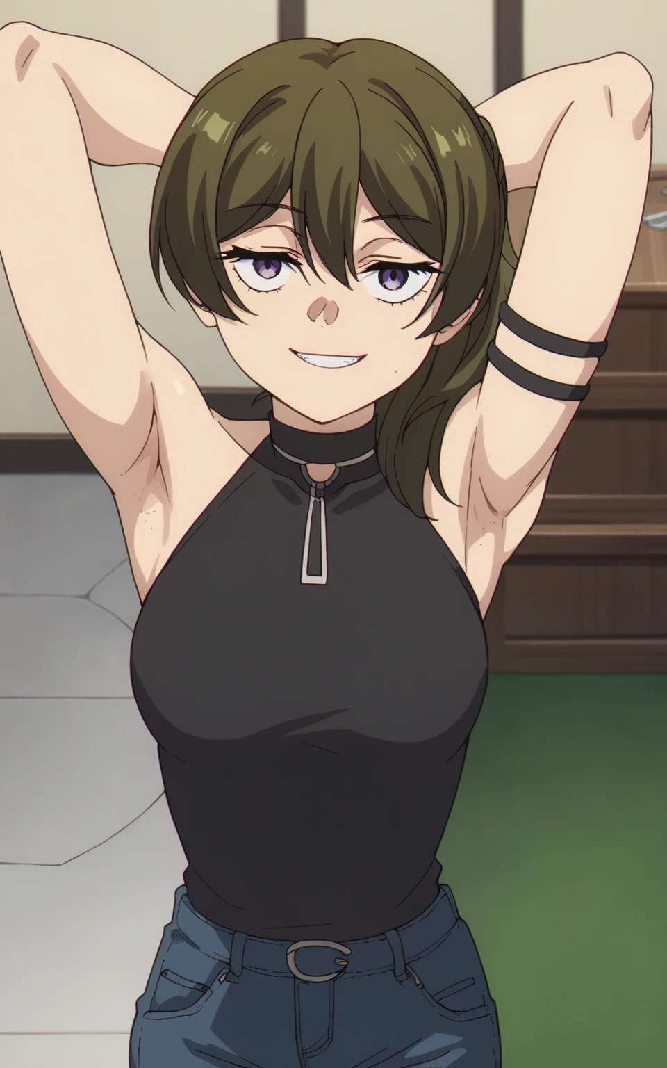 score_9, score_8_up, score_7_up, source_anime, anime screencap, 1girl, solo, ubel, black sweater, sleeveless sweater, turtleneck, bare shoulders, bare arms, arms behind head, armpits, from above, looking at viewer, head towards viewer, evil smile, badhandv4, indoors, jeans, armpit stubble