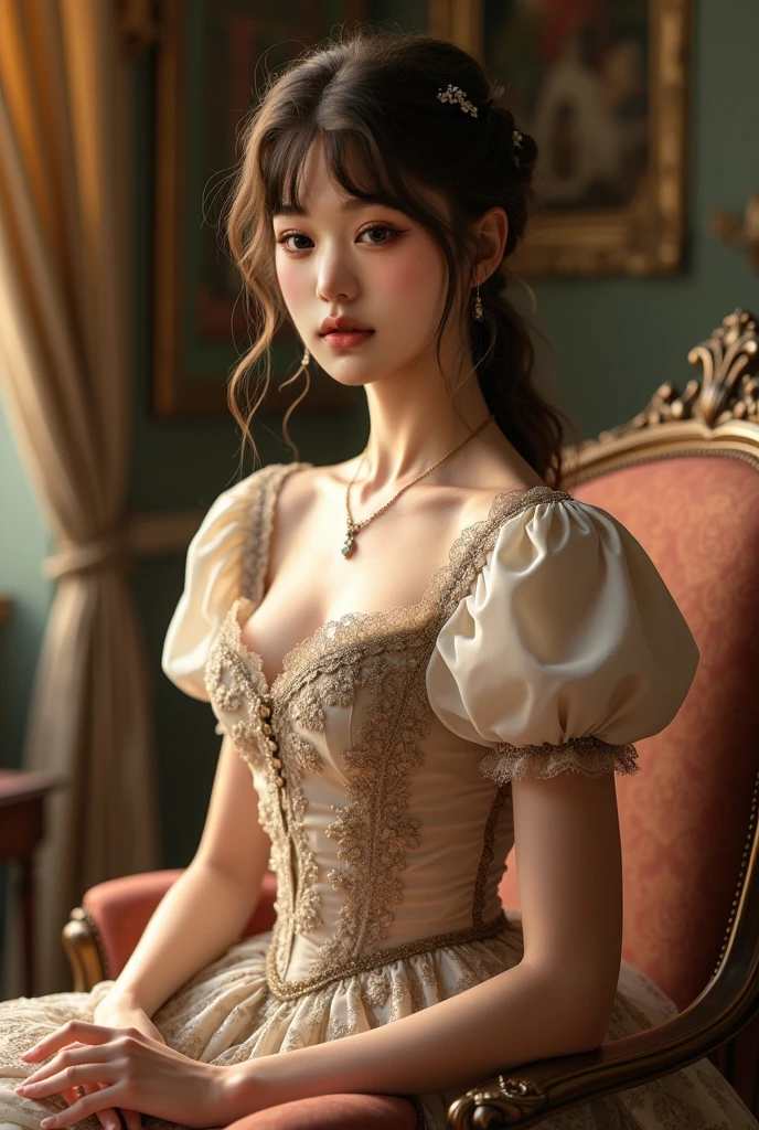 (highres),(realistic)
Renaissance, Vintage:1.4, 18yo Girl, Frilled Dress, low cleavage, Long Sleeves, Jewelry, Window, Indoor, Detailed Face, Soft Lighting, Delicate Textures, Antique Furnishings, Elegant Pose, Subtle Colors