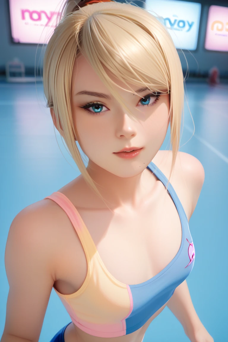 score_9_up, score_8_up, score_7_up, score_6_up, 1girl, adult woman samus aran, her face is relaxed, short hair, Flat-chested tomboy, Tomboyish, tomboy, naked shoulders, sport top, looking at viewer, blue eyes, pastel neon lighting, source_anime, pastel colors, running