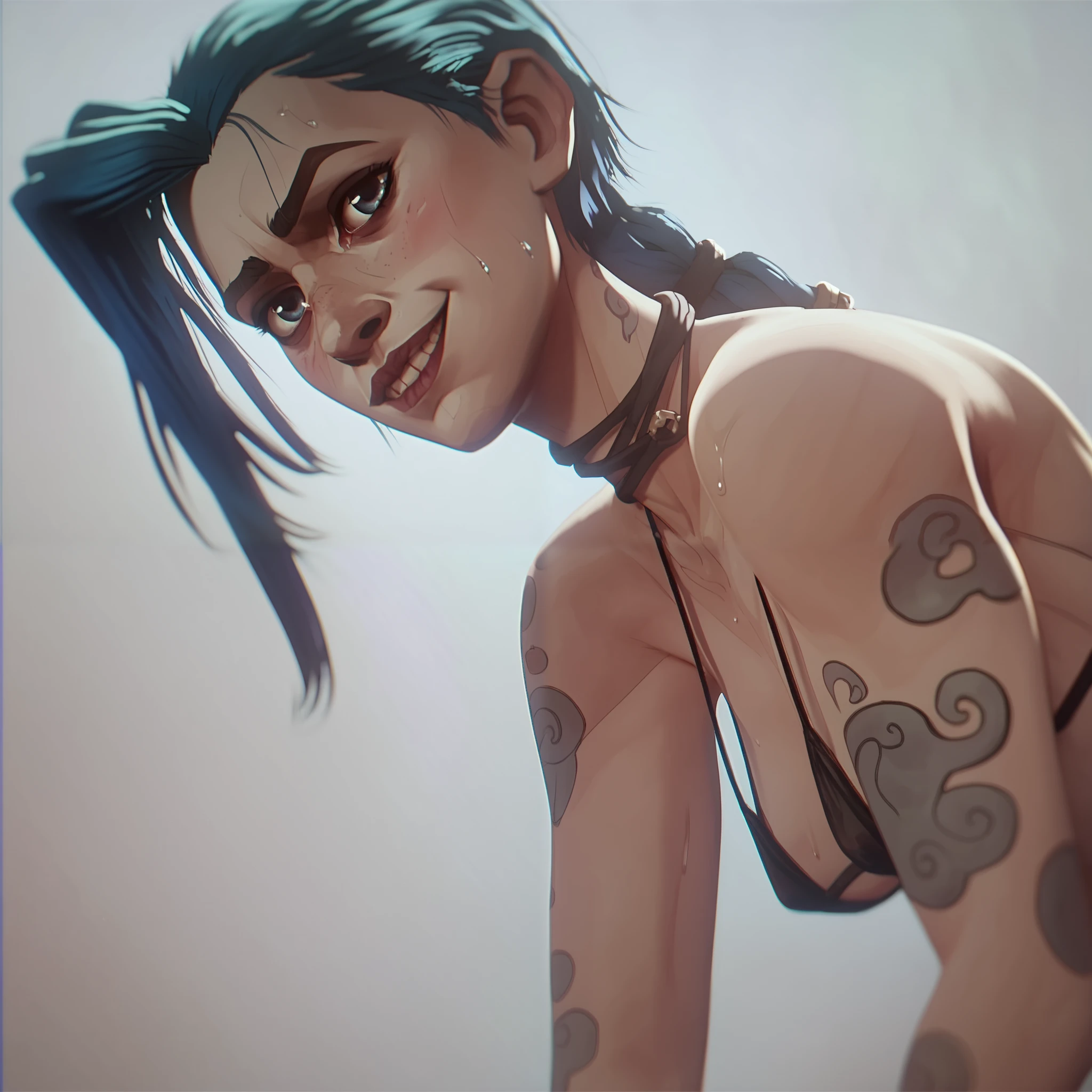 (Arcane) One girl, Jinx, detailed face, beautiful face, blushed, smile, ,micro bikini, leaning over, sweating, pubic hair, wet bikini, transparent bikini, breasts