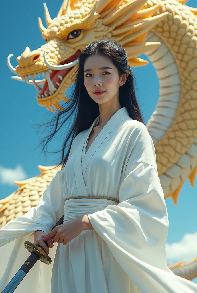 Painting of a woman in a white robe holding a white bird and a dragon